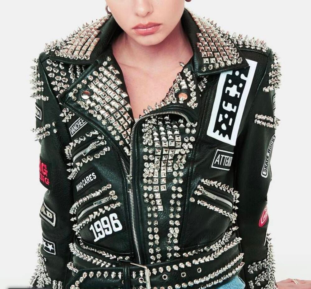 NWOT~AZALEA WANG Black AC/DC Punk Rock Studded Patchwork Moto Jacket Sz XL - Picture 9 of 11